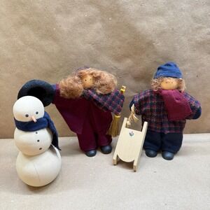 1992 Lizzie High Ladie and Friends Winter Dolls Snowman Sled Figurine Set 3pc